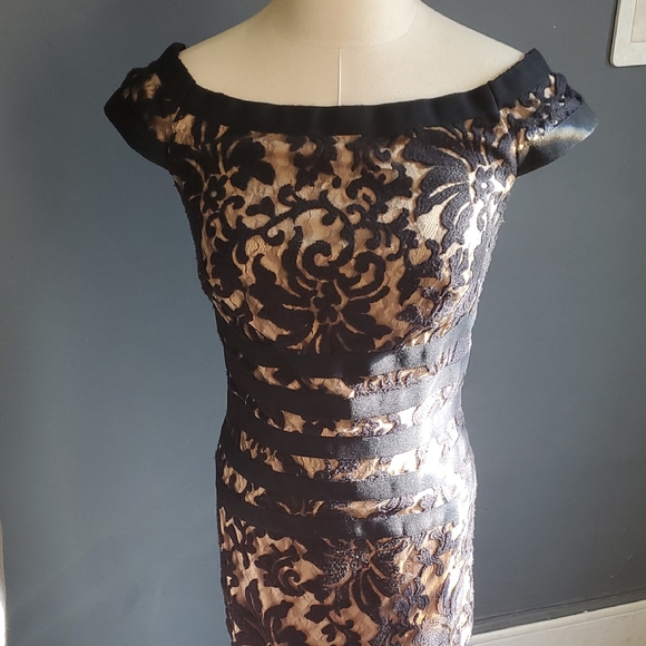 Tadashi Shoji Banded Lace  Black and Tan Maxi Gown with Flutter Cap Slee… - Picture 5 of 12